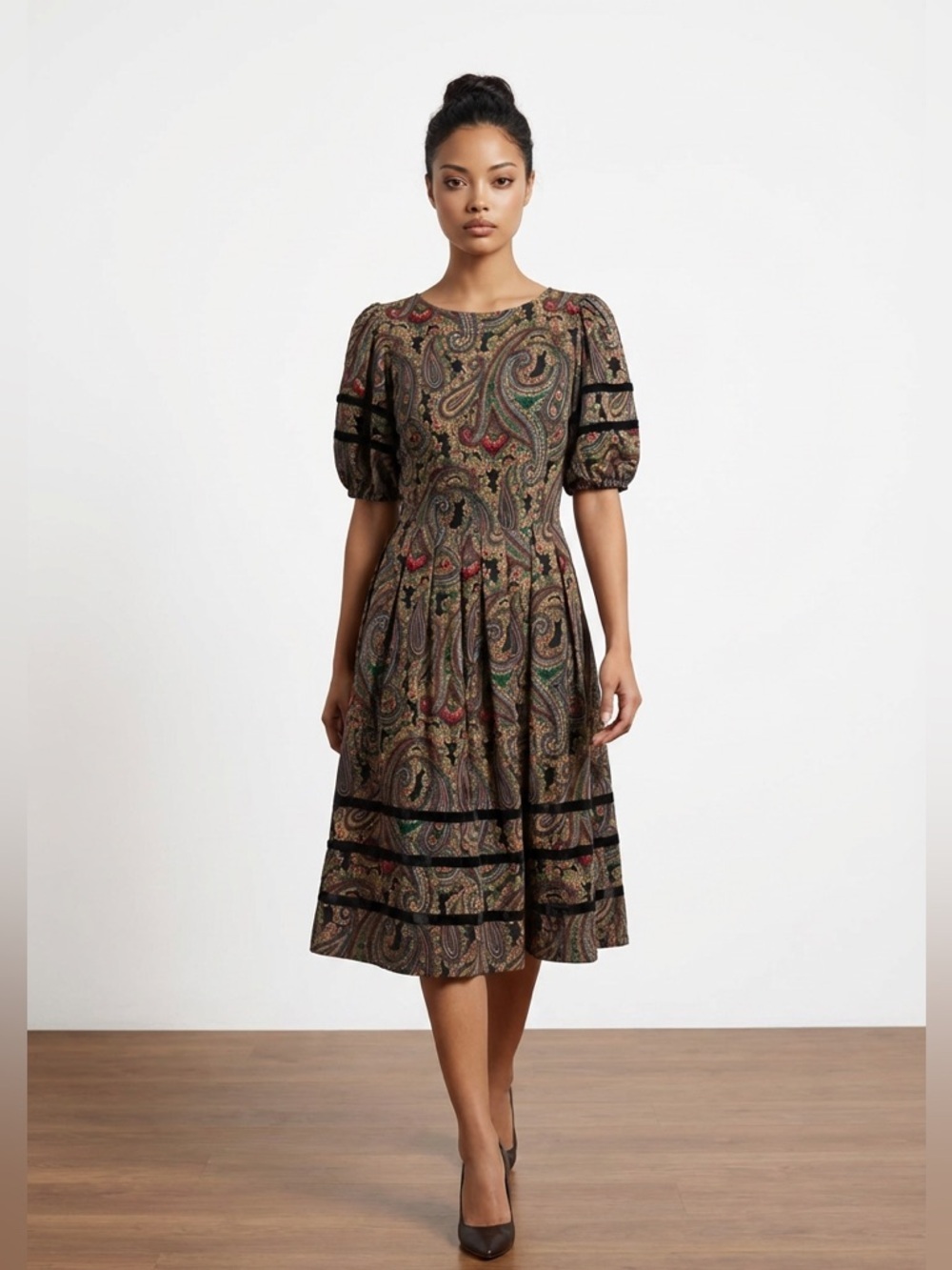 Handmade Paisley Midi Dress | Puff Sleeves | Velvet Trim Cottagecore Style